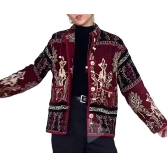 Think Positive Coat Jacket Tapestry Royal Victorian Maroon Red Size Large - Picture 1 of 9